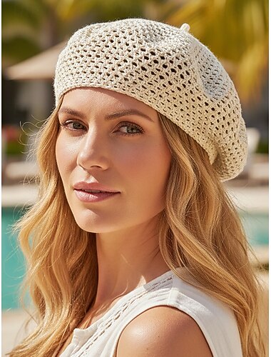  Dames bohemian ademende, holle polyester baret, verkrijgbaar in meerdere kleuren, lichtgewicht zomerhoed, perfect voor strandvakanties, dagelijks gebruik en als reisaccessoire.
