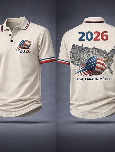  Fußball-Pokal 2026 Herren Fußball Poloshirts Kurzarm Polo-Shirts Revers Lässig Athleisure 3D-Druck Knöpfe Sommer Frühling Blau Weiß Rote