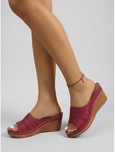  Sandales compensées rouges pour femmes – sandales d'été confortables et perforées, faciles à enfiler, avec semelle massante idéale pour les voyages &vêtements de tous les jours