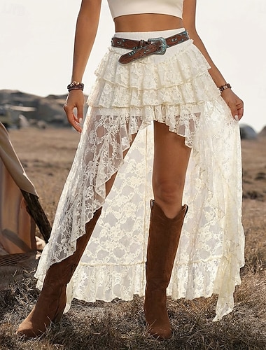  Damen Spitzenrock Mode Sexy Lässig Midi Mittlere Hüfthöhe Röcke Blumenmuster Spitze Geschichtet Unelastisch Täglich Strand Schwarz Weiß Aprikose Sommer Polyester