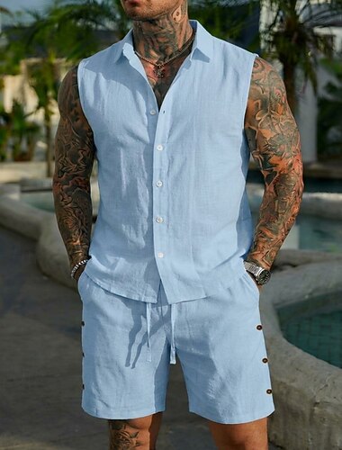  Herren Leinenhemd Zweiteilig Hemd Set Und Shorts Leinenshorts Strandshorts Set Einfach Lässig Täglich Outdoor Umlegekragen Ärmellos Sommer Mode Lässig Bequem Bekleidung