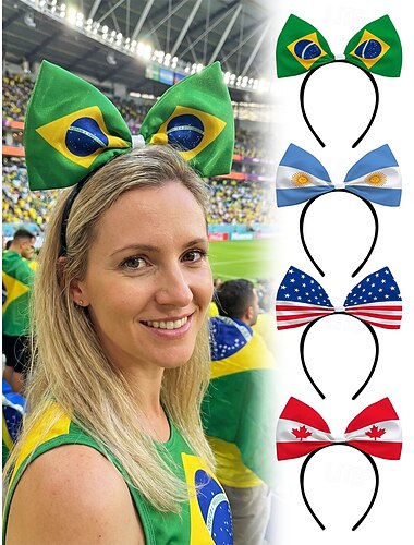  Dameshoofdband van polyester met print, oversized strik, met vlagpatronen in verschillende landen, ideaal om te supporteren tijdens voetbalwedstrijden of als casual sportkleding.