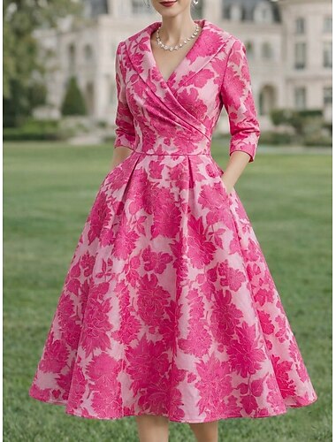  A-lijn Tot de enkel Over de knie Cocktailjurken Elegant Vintage Bloemig Lange mouw Revers Tuinfeest Bruiloft Zak Satijn Jacquard met 3D-bloemen Strik(ken)