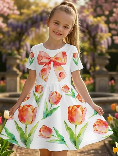  Mädchen' 3D Blumen Grafik Kleid Kurzarm 3D-Druck Sommer Frühling Täglich Urlaub Party Niedlich Basic Lässig Kinder 4-12 Jahre Freizeitkleid A Linie Kleid Knielang Normale Passform