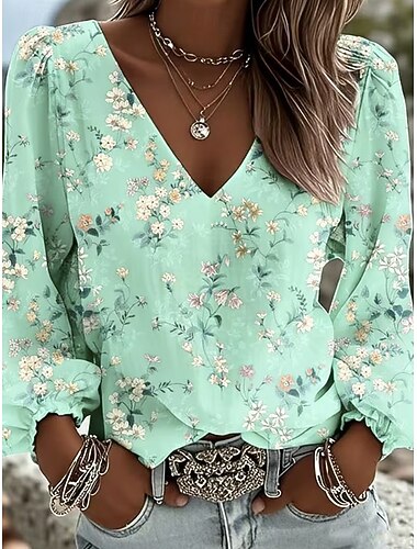  Femmes Chemise Fleuri Graphique Élégant Vacances Tropical manche longue Col en V Hauts Réguliers Occasionnel Quotidien Fête Corail Rouge Jaune Vert Claire Rose Claire Bleu Ciel Été Printemps