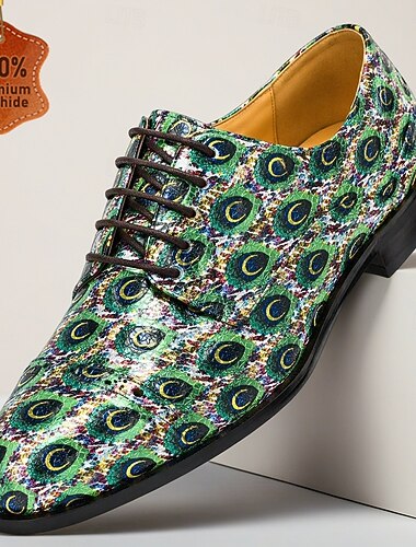  Chaussures habillées pour homme en cuir véritable vert à motifs, à lacets, style Oxford formel imprimé artistique, pour hommes élégants, banquets, spectacles et soirées branchées