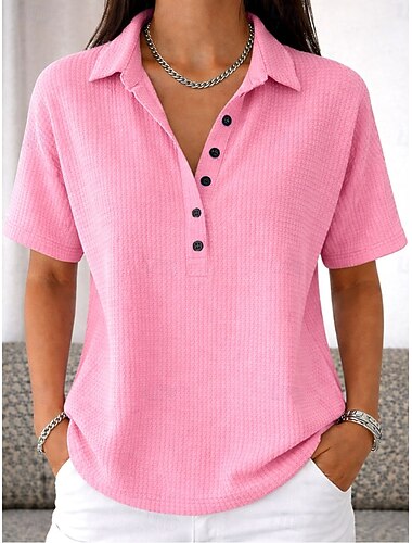  Damen Waffle Tunika Knöpfe Einfarbig Plain Vintage Stylisch Klassisch Kurzarm Umlegekragen Regelmäßige Oberteile Daily Weiß Pink Hellblau Sommer Frühling