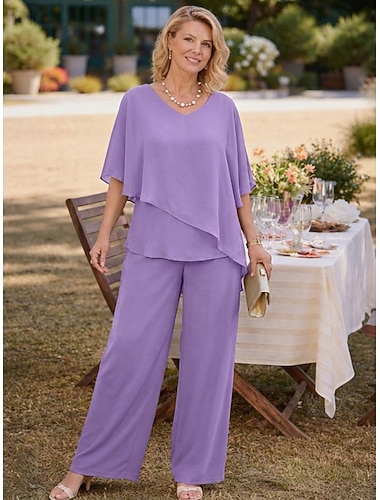  Damen Bluse Hosen-Sets Weitbeinige Hosen Dreiviertelarm V Ausschnitt Einfarbig Einfach Rüsche Mode Streetwear Täglich Lässig Täglich Urlaub Rosa Purpur Khaki Frühling & Herbst Normale Passform