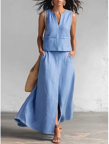  Damen Hosen-Sets Kunstbaumwollleinen Ärmellos V Ausschnitt Einfarbig Elegant Mode Streetwear Lässig Täglich Outdoor Blau Schwarz Kamel Sommer Normale Passform