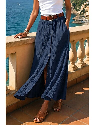  Damen Urlaubsrock Rock aus Leinenimitat Mode Küsten-Oma-Stil Lässig Sommer Maxi Mittlere Taille Röcke Einfarbig Unelastisch Täglich Urlaub Schwarz Weiß Marineblau Grün Sommer Polyester