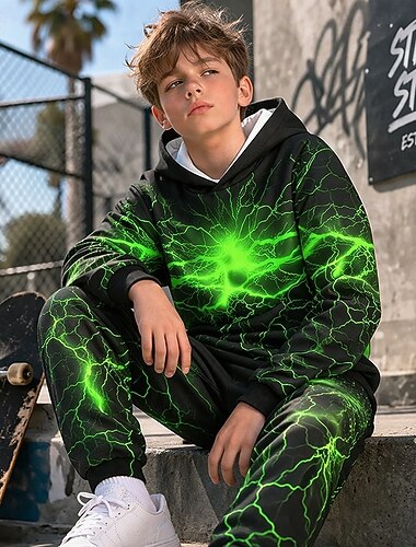  Jongens 3D Grafisch Bliksem Set met capuchon en joggingbroek Sportoutfit Trainingspakken Lange mouw 3D-afdrukken Lente Herfst Sport Modieus Casual Kinderen 4-12 jaar Capuchon Buiten Straat Normale