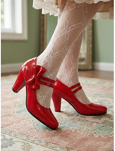  Rote Vintage-Pumps aus Lacklederimitat im Stil der 1950er Jahre – elegante Mary-Jane-Pumps mit Schleifendetail für Retro-Partys und Hochzeiten &klassischer Pin-up-Stil