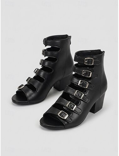  svarte gladiatorstøvletter til dame – sofistikerte sandaler med flere stropper og blokkhæl &justerbare spenner for kontorarbeid, business casual &daglig pendling