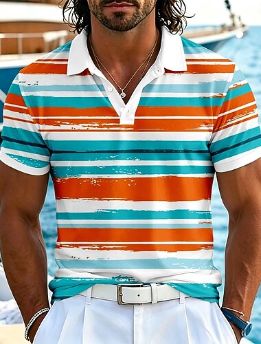  Homme Rayures horizontales Polos Hawaïens Manche Courte Polos Revers Occasionnel Resort Athleisure Tenue quotidienne Vêtements de vacances Impression 3D Boutons Été Printemps Bleu Orange Abricot