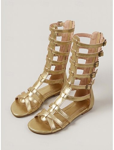  Gouden dames gladiatorsandalen met platte zool, kniehoge zomerschoenen met bandjes voor een diner op vakantie of een avondje uit in een resort. &strandfeesten