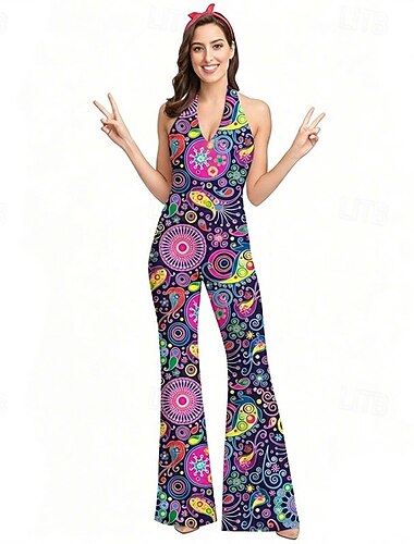 Retro / vintage Boheemi 1970 luku Bell Bottoms Jumpsuit-trikoot Leveälahkeiset housut Hippi Disko Paisley-kuvio Tribaali Naamiaispuku Naisten Halloween Karnevaali Loma musiikkifestivaali Festivaali
