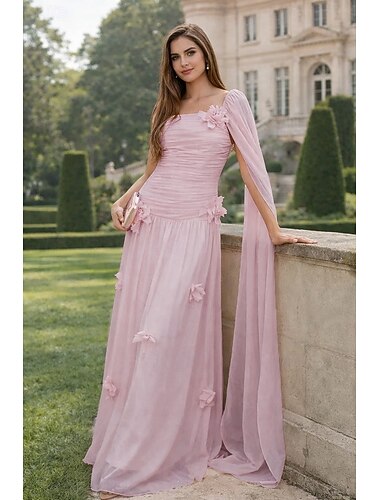  A-linje Gulvlengde Kveldskjoler Formell kjole Elegant Pastell Uformelt / dagtidsbryllup Ermeløs Firkantet hals Aftenselskap Bryllup Cape Chiffon med 3D-blomster Bølgemønster