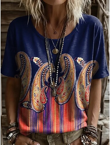  نسائي تي شيرت طباعة ورد الرسم النباتات عتيق أنيق كاجوال كم قصير V رقبة قمصان عادية فضفاض مناسب للبس اليومي عطلة نهاية الاسبوع أزرق وردي بلاشيهغ أزرق الحبر أخضر الصيف الربيع