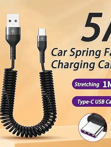 Pacote com 2 cabos USB-C espirais de 5A para carro, cabo de carregamento rápido USB-A para Tipo-C com mola, extensível até 1 m, cabo de dados espiral para Android Auto, Samsung Galaxy S24, S23, S22,