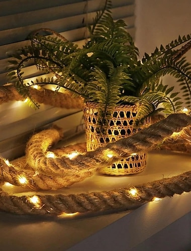  Naturlige hamptaulys, superlyssterk lyslenke av naturlig brunt tau, utendørs lyslenke vanntett naturhamptaulys, egnet for lysthus, søyler, trær, gjerder