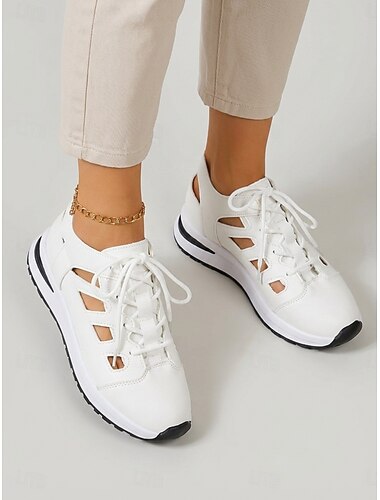  Women's White Lace-Up Walking Sandals – Breathable Hollow Design, Sporty Casual Sandals with Cushioned Sole for Summer, Travel & Everyday Wear