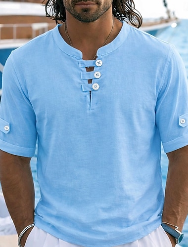  Miesten Pellava paita Poolopaidat Kausaliteetti Loma Kaulukseton Lyhythihainen Loma Moderni Tavallinen Väripaletti Napit Kesä Kevät Sininen Valkoinen Keltainen Rubiini Harmaa Pellava paita