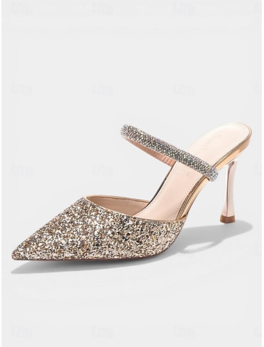  damesko med gullglitter, stiletthæler og spisse tå til cocktailfest og bryllup &kveldsarrangementer
