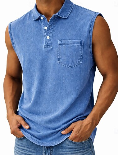  Homme Polo Chemise 100% coton délavée à l'acide Occasionnel Fête Revers Sans manches Mode Basique Uni Vintage Affligé Été Printemps Bleu Rose Claire Violet Vert Gris Polo