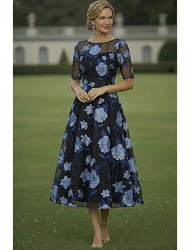  A-Linie Kleid Knöchellänge Tee-Länge Cocktailkleid Brautmutterkleid Kurzarm U-Boot-Ausschnitt Elegant Einfach Lässig Formell Hochzeitsgast Semi-Formal Organza Jacquard mit Blumenmuster Farbblock