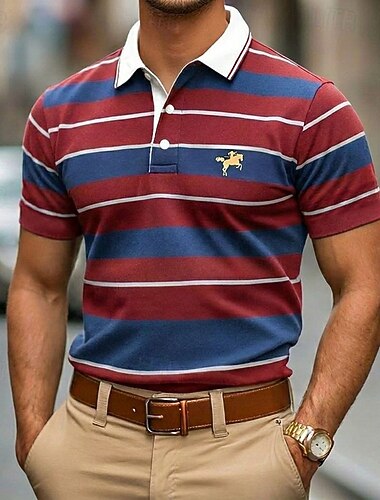  Herr Horisontella Strips Rugby Polo Kortärmad Polotröjor Kavajslag Ledigt Fritids- Dagliga kläder 3D-utskrift Knappar Vår & sommar Blå Rubinrött Grön