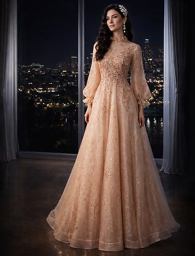  A-Linie Bodenlang Abiballkleider Elegant Glitzernd Langarm Hoher Ausschnitt Hochzeitsgast Verlobung Tüll mit Paillette
