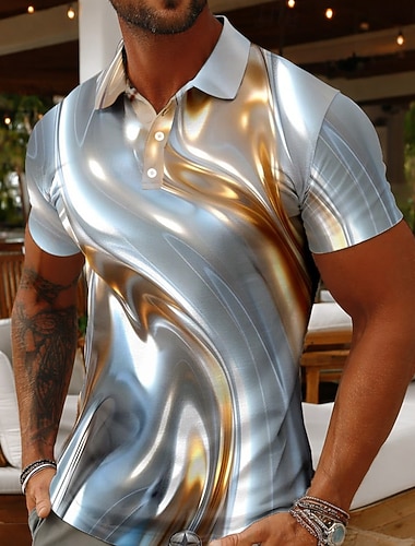  Voor heren Meetkundig Poloshirts Korte mouw Poloshirt Overhemden met kraag Casual Sportkleding Alledaagse kleding 3D-afdrukken Knop Ademend gaas Lente zomer blauw Goud