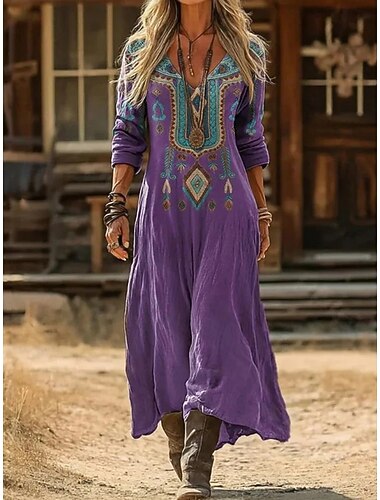  Női Maxiruha Nyári ruha nyári ruha Szabadság Alkalmi Boho Napi Tengerpart Alkalmi Normál Virágos Grafika Színes Hosszú ujj V-alakú Medence Fekete Bíbor Nyár Tavasz