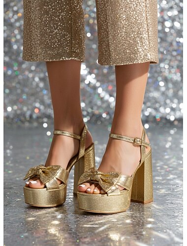  damesko med diskotek i gull fra 1970-tallet – glitrende glitter, kraftige høyhælte sandaler med sløyfedetaljer for fester og nattklubbarrangementer i Studio 54 &glamorøse retro-antrekk