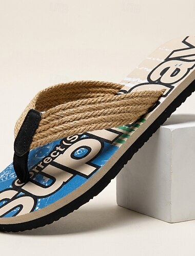  Casual teenslippers voor heren, met bedrukt bovenwerk en comfortabele teenband van touw, lichtgewicht zomerse strandsandalen voor mannen, ideaal voor strandvakanties, ontspanning bij het zwembad en casual buitenkleding.