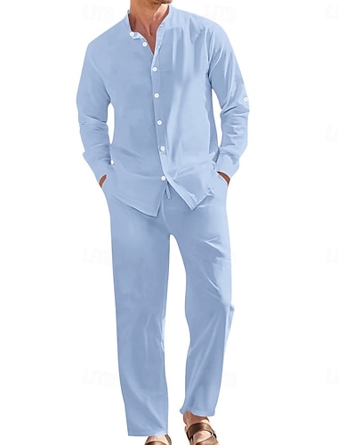 Herren Leinenhemd Zweiteilig Hemd Set Und Leinenhosen Hose Freizeithose Set Einfach Täglich Outdoor Urlaub Großvaterkragen Langarm Sommer Frühling Mode Lässig Bequem Bekleidung