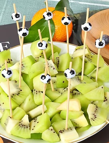  200 stuks voetbal fruitprikkers, bamboe cocktailprikkers voor hapjes, wegwerp sportfeestprikkers, decoratie voor voetbalwedstrijden, cocktailprikkers voor sandwiches, cupcake topper