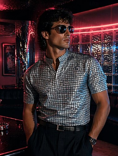  Retro / vintage Disko 1980 luku T-paita Poolopaita Lyhyet hihat Disko Kiiltävä metallinen Metallinen Ruudullinen Naamiaispuku Miesten Karnevaali Juhla Baari Aikuisten Pusero Kevät kesä