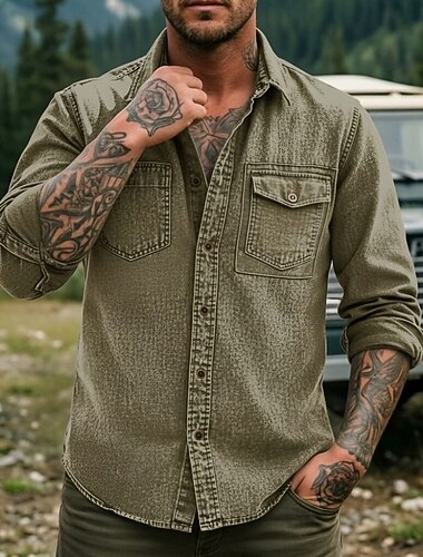  Voor heren Overhemd Normaal shirt Werkhemden Overhemd met knopen Kledingstuk geverfd Vervaagd shirt Zwart Bordeaux Licht Bruin khaki Lichtgrijs Lange mouw Effen Overhemdkraag Casual Dagelijks Voorvak
