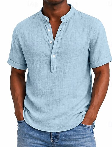  Homme Chemise Chemise en lin Chemise popover Chemise d'été Tenue de plage Chemise à col officier Uni Occasionnel Quotidien Bleu Noir Blanche Jaune Manche Courte Henley Été Vêtement Tenue Pur