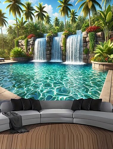 منتجع استوائي ساحر، شلال، مسبح، أشجار نخيل، منظر طبيعي خلاب، نسيج جداري، لوحة جدارية كبيرة من القماش، خلفية مثالية لغرفة المعيشة، غرفة النوم، السكن الجامعي، المكتب المنزلي، ديكور جداري فني