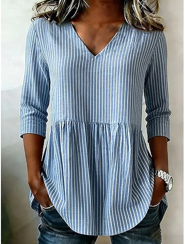  Mulheres Blusa Franzido Gráfico Geométrica Listrado Elegante à moda Casual Manga Longa Decote V Tops longos Casual Diário Trabalho Azul Verde Claro Rosa Roxo Claro Verão Primavera