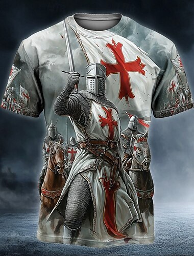  男性用 馬 テンプル騎士団 十字架 Tシャツ 半袖 Tシャツ 3Dプリント クルーネック シャツ ゴシック ヴィンテージレトロ ストリート ダークパーティー グレー オールシーズン 衣類 S M L XL 2XL 3XL