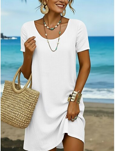  Mulheres Vestido no Joelho 100% Algodão Vestido casual Básico Clássico Diário Férias Ajuste Largo Cor imaculada Manga Curta Gola Redonda Preto Branco Roxo Cáqui Verão Primavera