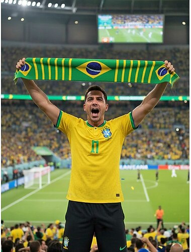  Herenhanddoek/sjaal van polyester met Braziliaanse vlagprint, zachte sjaal voor voetbalfans, ideaal voor het aanmoedigen van voetbalwedstrijden, stadionevenementen, sportevenementen en dagelijks gebruik.
