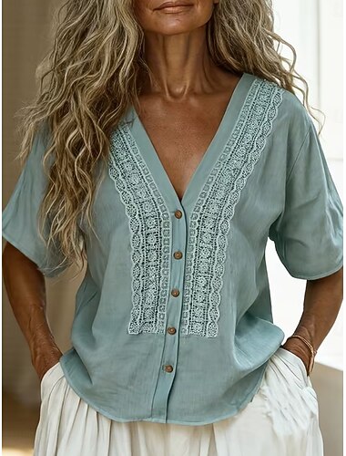  Dames Overhemd Boho-shirt Blouse Geborduurd Knop Effen Stijlvol Klassiek Modern Korte mouw V-hals Normale tops Dagelijks Feestdagen Uitgaan blauw Zwart Wit Blozend Roze Zomer Lente
