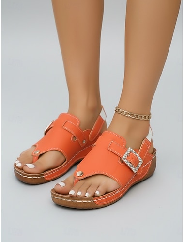  Oranje damessandalen met sleehak en strassgesp, verstelbare teenslippers, comfortabele casual schoenen met open teen voor dagelijks gebruik en op reis. &tuinuitje