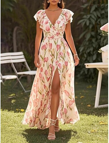  Mulheres Vestido maxi longo Vestido Longo Vestido de chiffon Vestido floral Vestido estampado Elegante Moderno Ao ar livre Férias Para Noite Normal Floral Sem Manga Decote V Rosa Verão Primavera