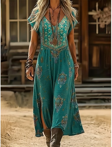  Damen Midikleid Boho-Kleid Freizeitkleid A Linie Kleid Druckkleid Vintage Outdoor Urlaub Wochenende Normale Passform Blumen Grafik Kurzarm V Ausschnitt Blau Sommer Frühling