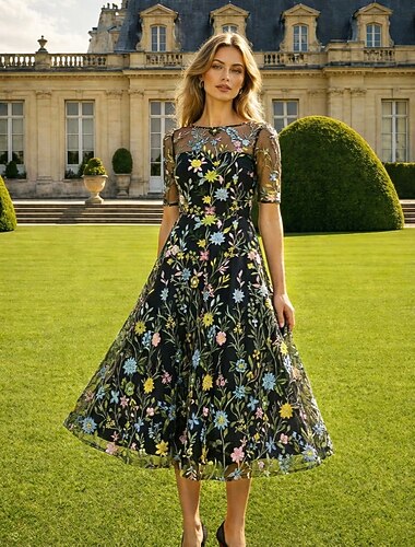  A-Linie Kleid Tee-Länge Maxidress Partykleid Cocktailkleid Brautmutterkleid Dreiviertelarm Rundhalsausschnitt Illusionsausschnitt Elegant Vintage luxuriös Formell Hochzeitsgast Kentucky Derby Chiffon